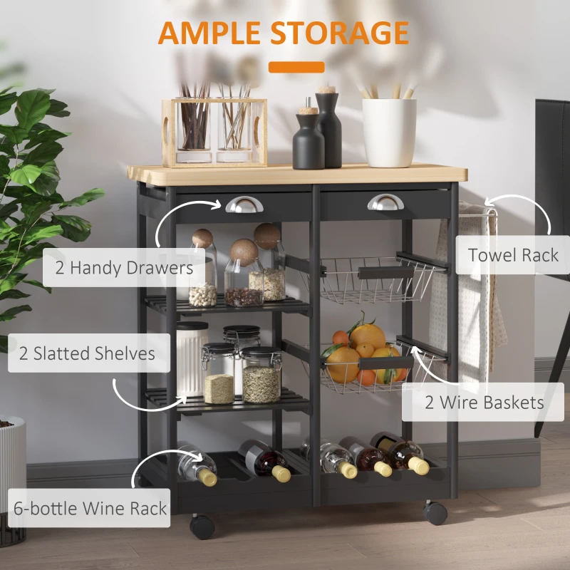 HOMCOM Wood/Steel Rolling Kitchen Island Trolley Serving Cart with Drawer Shelves Basket