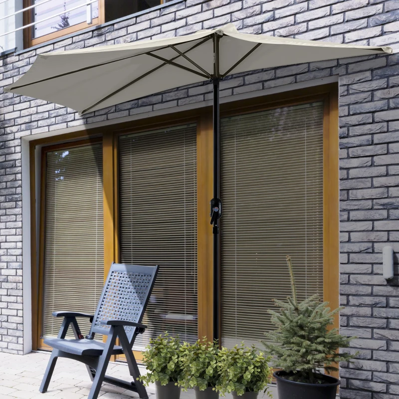 Outsunny 3(m) Half Parasol Semi Round Umbrella Patio Metal Frame Crank Handle for Balcony-- NO BASE INCLUDED, White
