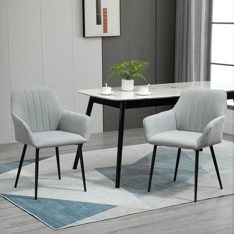 HOMCOM Mid-Century Dining Chairs Upholstered Linen Fabric Accent Chairs with Metal Legs, Set of 2, Light Grey