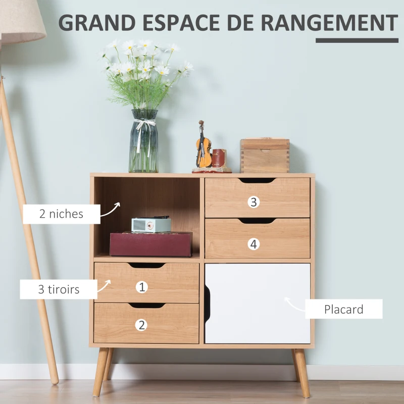 HOMCOM Buffet de salle à manger et cuisine Commode Meuble de Rangement sur Pieds avec 4 tiroirs Niche Placard Style scandinave Blanc Aspect Bois Clair