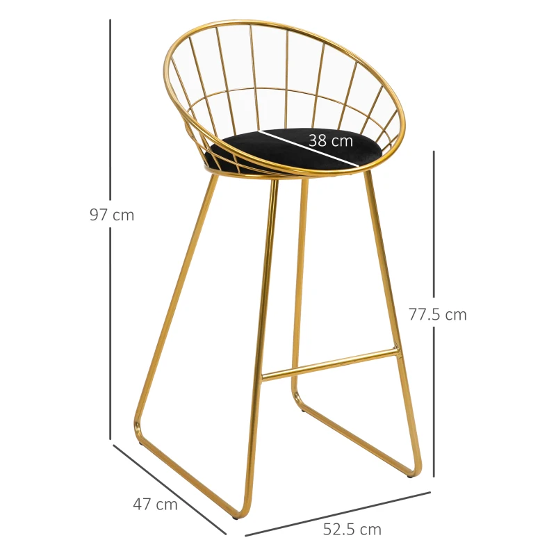 HOMCOM 2 pcs. Bar Stool Kitchen Stool with Backrest Plastic Pins for Kitchen Dining Metal Velvet Touch Polyester Fabric Foam Gold+Black 52.5 x 47 x 97 cm