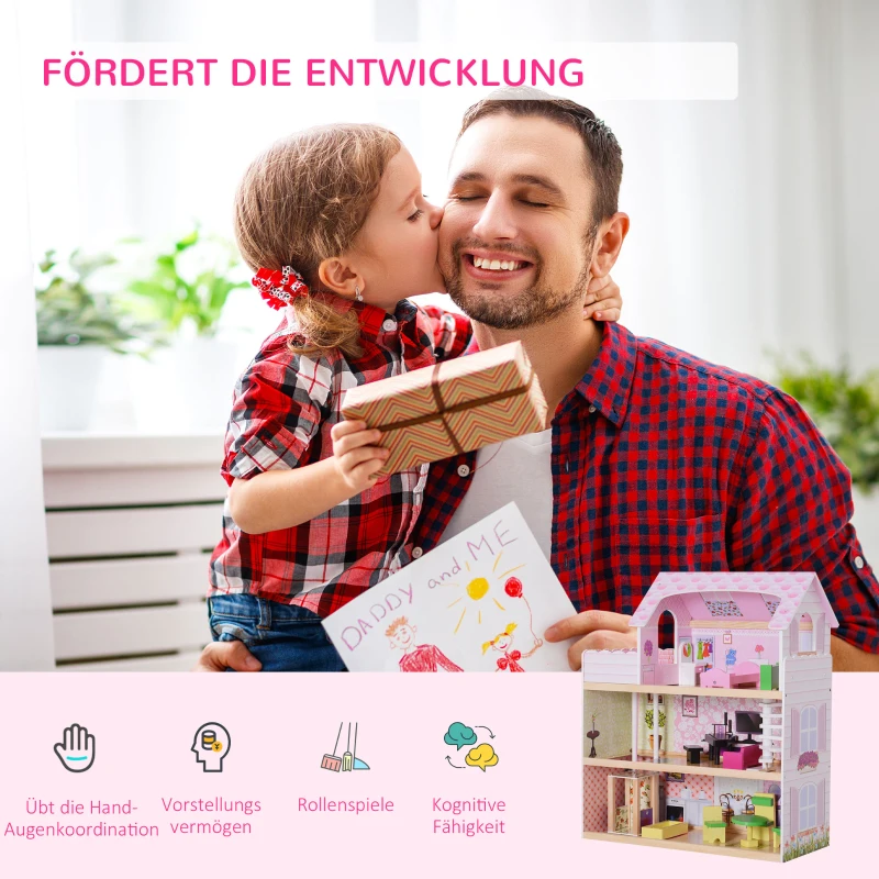 HOMCOM Puppenhaus Holz Kinder Puppenhaus Puppenvilla mit Möbeln und Zubehör Barbie Traumvilla Puppenstube Dollhouse 3 Etagen L60 x B30 x H71,5 cm