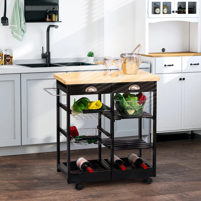 HOMCOM Wood/Steel Rolling Kitchen Island Trolley Serving Cart with Drawer Shelves Basket