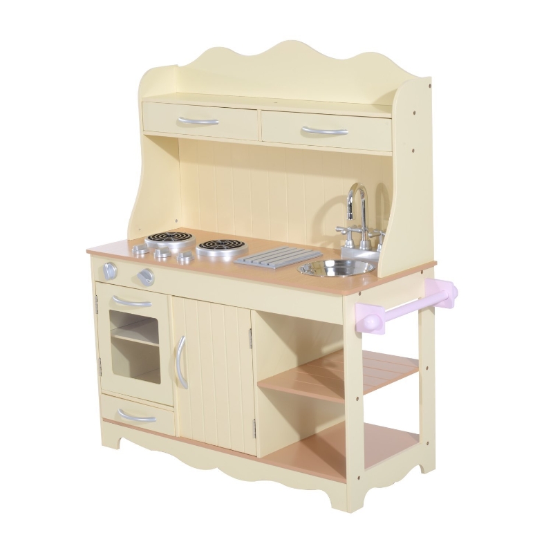 HOMASIS Spielküche Aus Holz Mit 10 Zubehörteilen - Kinderküche Mit Sound & Tafel