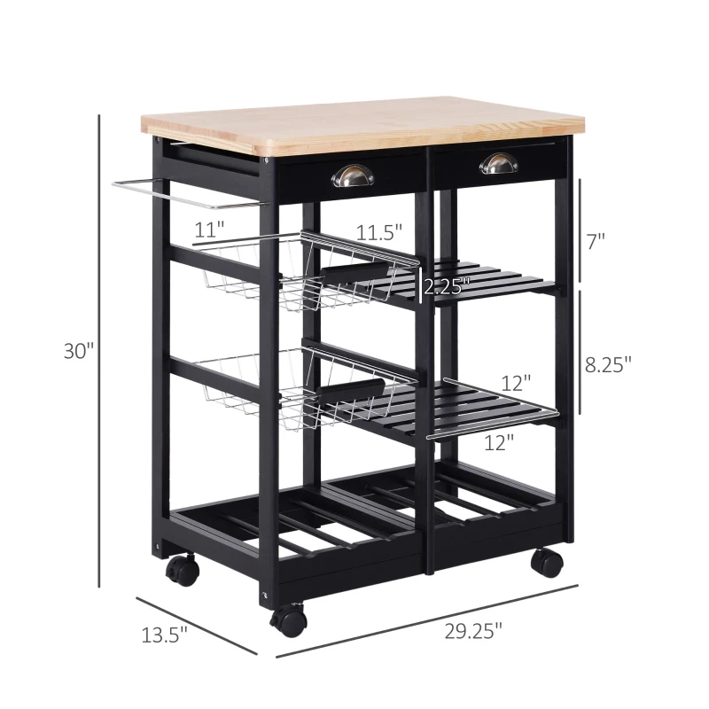 HOMCOM Wood/Steel Rolling Kitchen Island Trolley Serving Cart with Drawer Shelves Basket