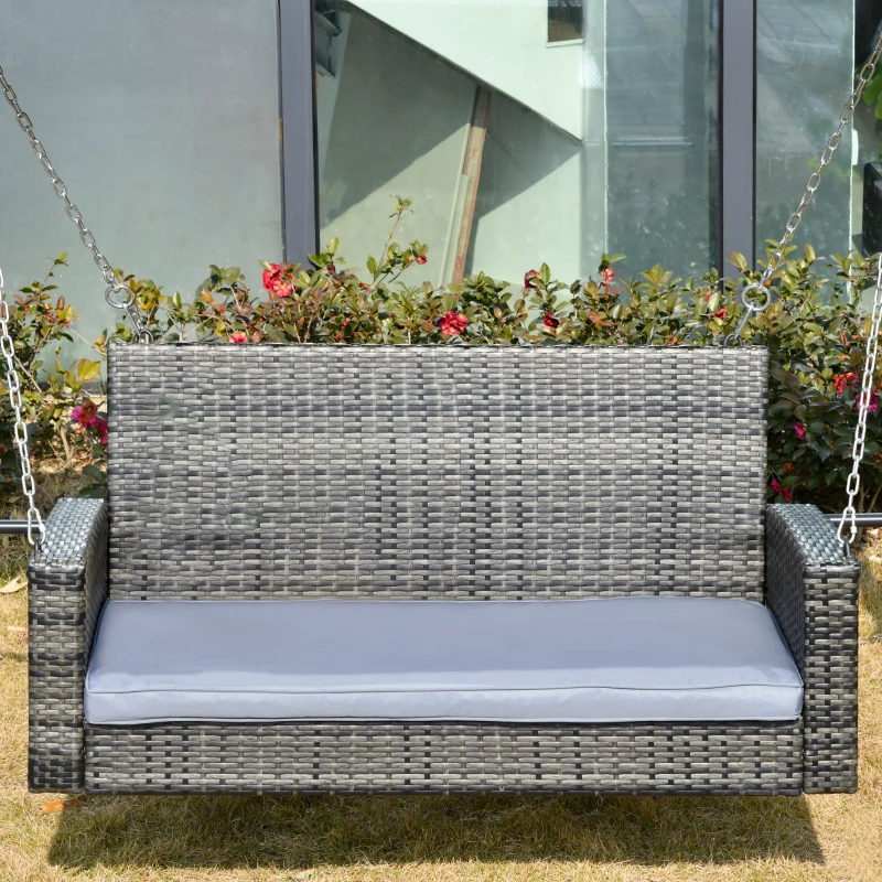 Outsunny 2 Seater Patio Rattan Swing Chair Hanging Chair Garden Loveseat Bench with Paddded Cushion