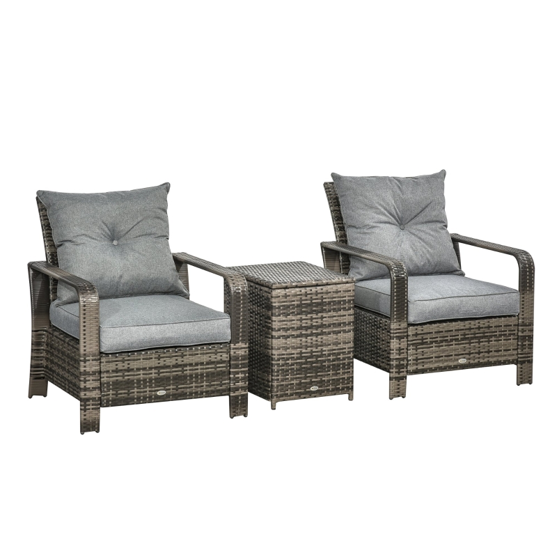 Ensemble de 2 fauteuils de jardin avec coussins et table basse coffre