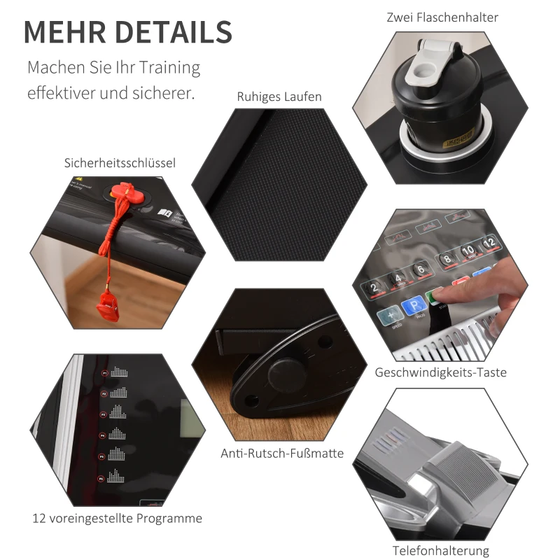 HOMCOM Laufband Klappbar elektrisch 500W 1-12 km/h mit LED-Display Getränkehalter und Handyhalterung für Home Gym Indoor Fitness Stahl ABS Schwarz+Grau 142 x 66 x 127 cm