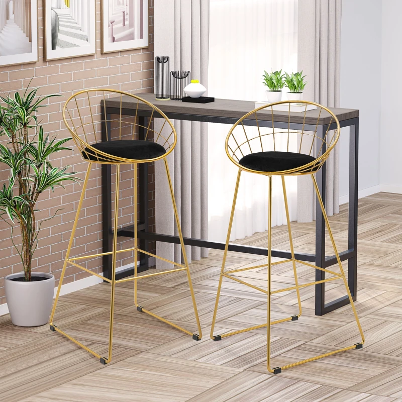 HOMCOM 2 pcs. Bar Stool Kitchen Stool with Backrest Plastic Pins for Kitchen Dining Metal Velvet Touch Polyester Fabric Foam Gold+Black 52.5 x 47 x 97 cm