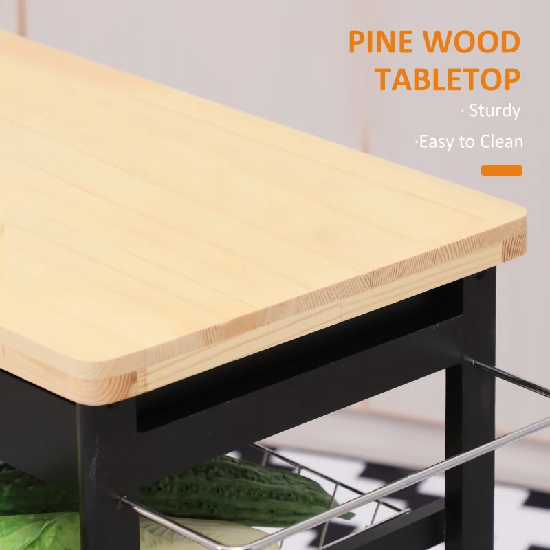 HOMCOM Wood/Steel Rolling Kitchen Island Trolley Serving Cart with Drawer Shelves Basket