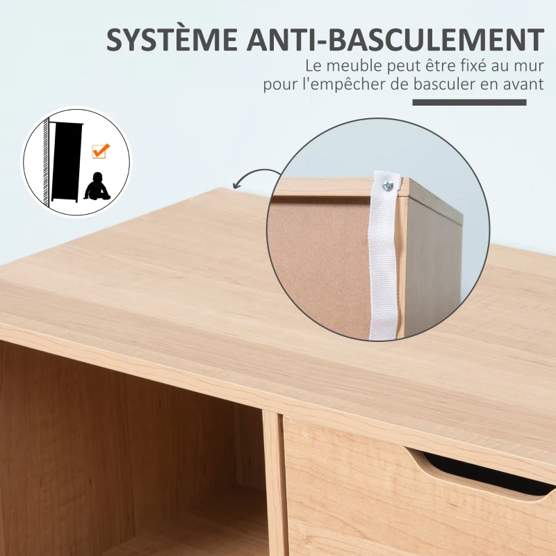 HOMCOM Buffet de salle à manger et cuisine Commode Meuble de Rangement sur Pieds avec 4 tiroirs Niche Placard Style scandinave Blanc Aspect Bois Clair