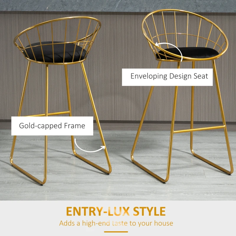 HOMCOM 2 pcs. Bar Stool Kitchen Stool with Backrest Plastic Pins for Kitchen Dining Metal Velvet Touch Polyester Fabric Foam Gold+Black 52.5 x 47 x 97 cm