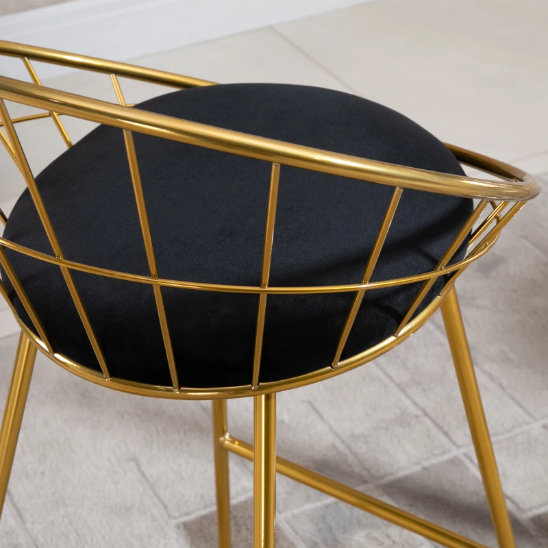 HOMCOM 2 pcs. Bar Stool Kitchen Stool with Backrest Plastic Pins for Kitchen Dining Metal Velvet Touch Polyester Fabric Foam Gold+Black 52.5 x 47 x 97 cm