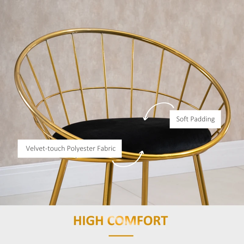 HOMCOM 2 pcs. Bar Stool Kitchen Stool with Backrest Plastic Pins for Kitchen Dining Metal Velvet Touch Polyester Fabric Foam Gold+Black 52.5 x 47 x 97 cm