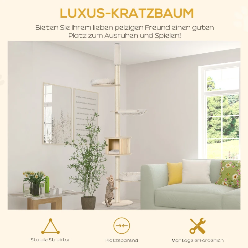 PawHut Kratzbaum Kletterbaum Deckenhoch Katzenbaum mit holz höhenverstellbare Katzenhöhle Sisal Plüsch Creme 50 x 50 x 232-252 cm