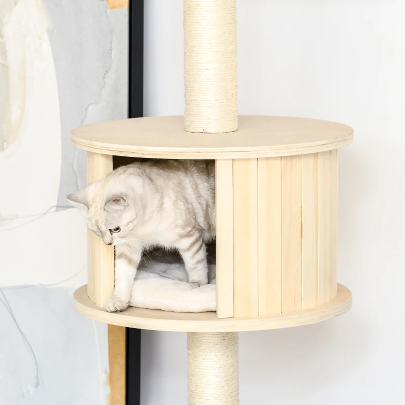 PawHut Kratzbaum Kletterbaum Deckenhoch Katzenbaum mit holz höhenverstellbare Katzenhöhle Sisal Plüsch Creme 50 x 50 x 232-252 cm