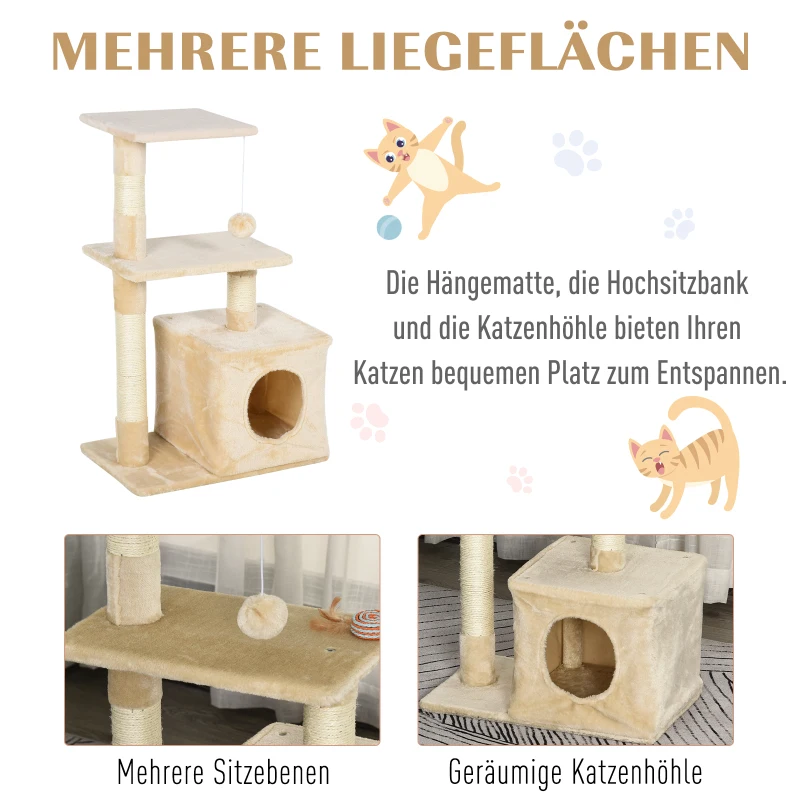 PawHut krabpaal met sisal krabpaal klimboom kattenmeubel krabplank met zacht pluche kattenspeelgoed stabiel E1 klasse spaanplaat beige 50 x 30 x 80 cm
