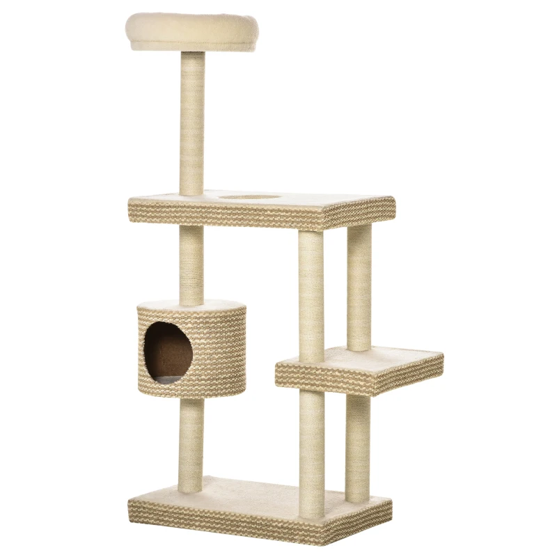 PawHut Katzenkratzbaum Katzenspielzeug Kletterbaum Sisal Polster Liegefläche Sisal samtartiges Polyester Beige+Kaffee 60 x 40 x 135 cm