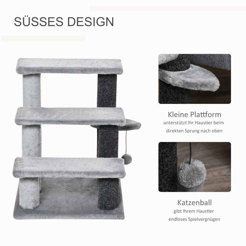 PawHut Drabinka dla Kota 3-stopniowa z Kratzami i Piłką, Drabinka dla Zwierząt dla Kotów do 5 kg Plusz Juta Szary 45 x 40 x 48 cm