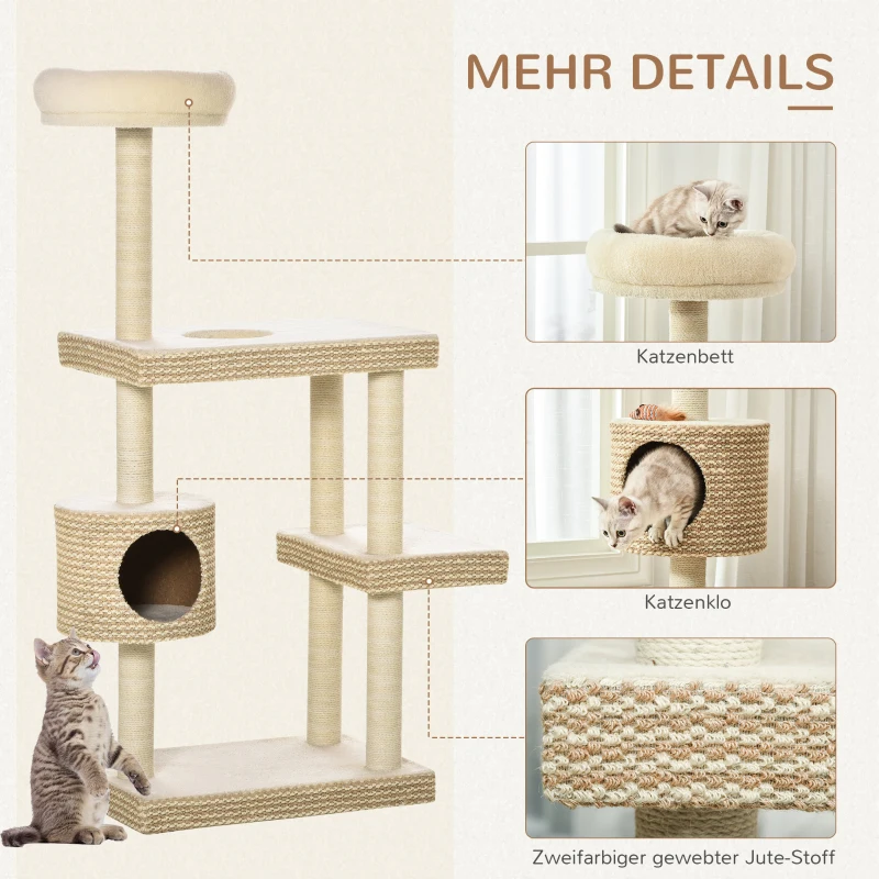 PawHut Katzenkratzbaum Katzenspielzeug Kletterbaum Sisal Polster Liegefläche Sisal samtartiges Polyester Beige+Kaffee 60 x 40 x 135 cm