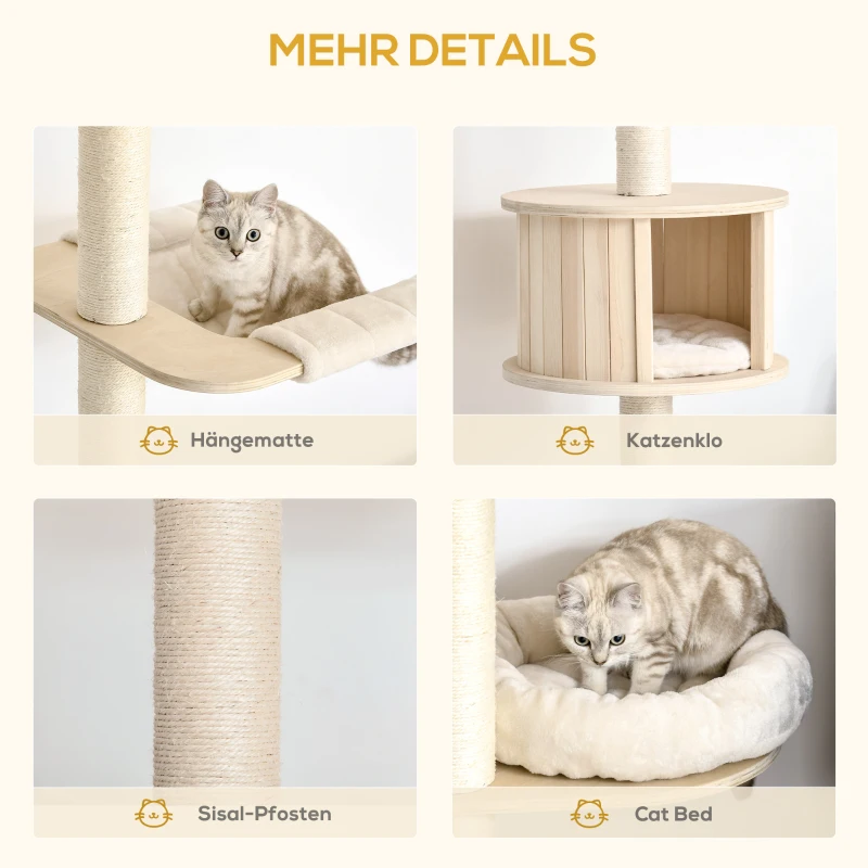 PawHut Kratzbaum Kletterbaum Deckenhoch Katzenbaum mit holz höhenverstellbare Katzenhöhle Sisal Plüsch Creme 50 x 50 x 232-252 cm