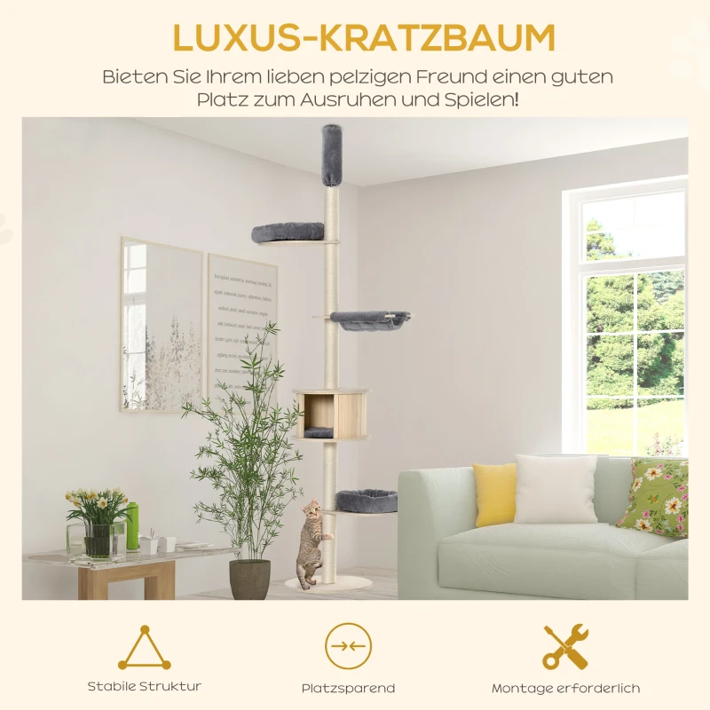 PawHut Kratzbaum Katzenbaum Deckenhoch Kletterbaum mit holz Katzenhöhle Sisal Plüsch höhenverstellbar Grau 50 x 50 x 232-252 cm