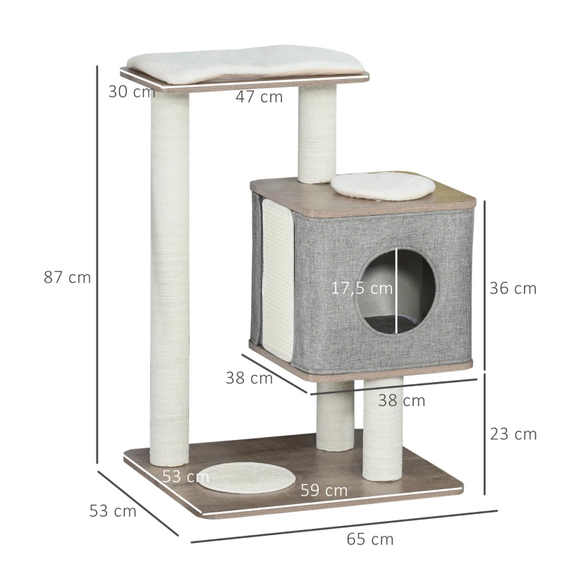 PawHut Kratzbaum mit abziehbarer Abdeckung Katzenhöhle Katzenbaum Kletterbaum für Katzen E1 MDFLeinen Jute Braun+Grau+Weiß 65 x 53 x 87 cm