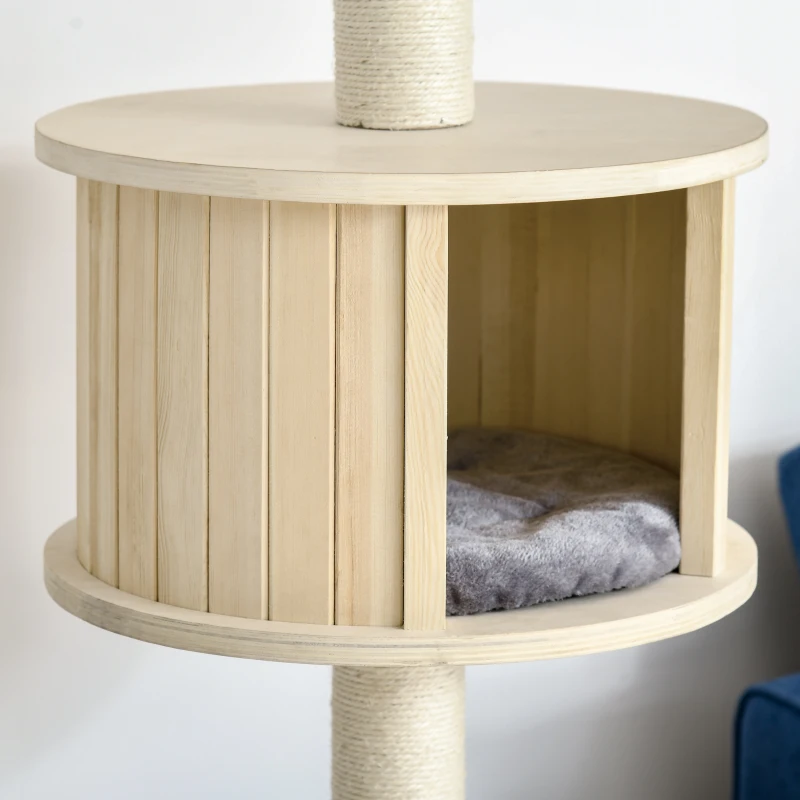 PawHut Kratzbaum Katzenbaum Deckenhoch Kletterbaum mit holz Katzenhöhle Sisal Plüsch höhenverstellbar Grau 50 x 50 x 232-252 cm