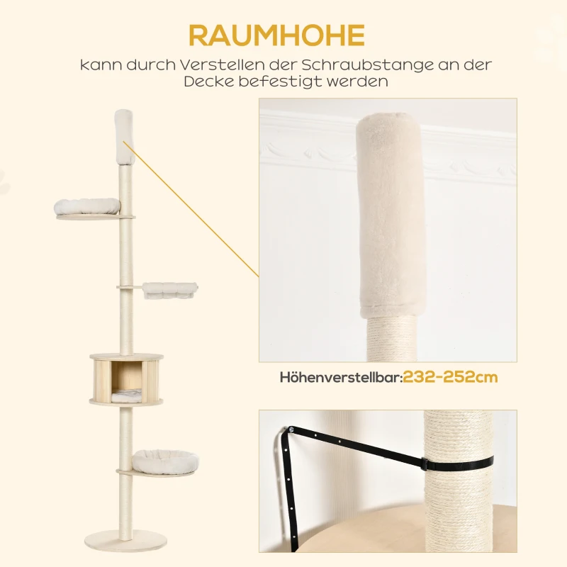 PawHut Kratzbaum Kletterbaum Deckenhoch Katzenbaum mit holz höhenverstellbare Katzenhöhle Sisal Plüsch Creme 50 x 50 x 232-252 cm