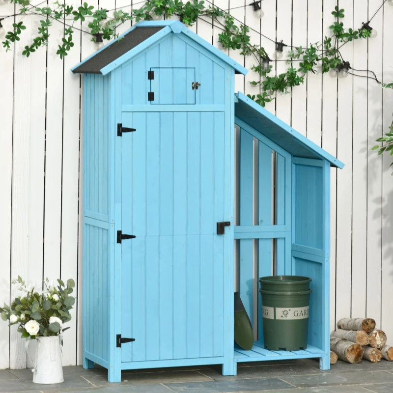 Outsunny Gartenhaus Gerätehaus Geräteschuppen mit Brennholzlagerraum Geräteschuppen mit 3 Ablagen Asphaltdach Tannenholz Himmelblau 130 x 54,5 x 180 cm