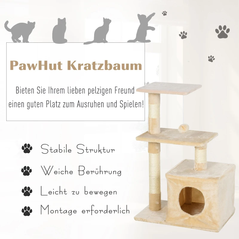 PawHut krabpaal met sisal krabpaal klimboom kattenmeubel krabplank met zacht pluche kattenspeelgoed stabiel E1 klasse spaanplaat beige 50 x 30 x 80 cm