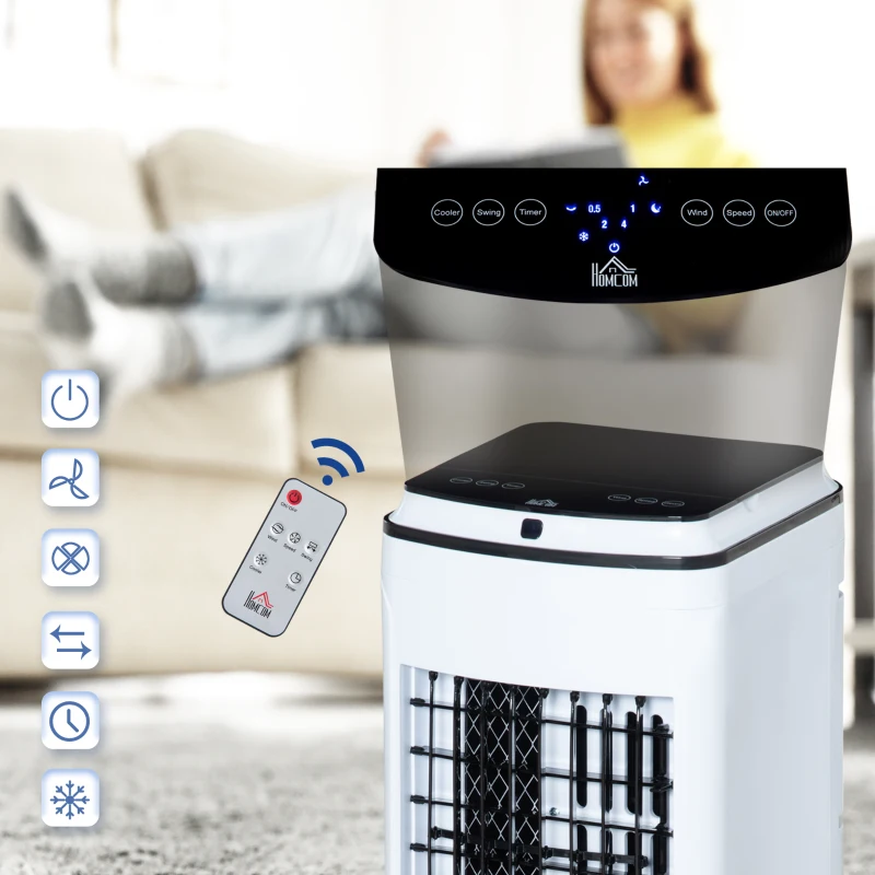 HOMCOM Raffrescatore Evaporativo 3 in1 con Ghiaccio e Umidificatore, 3 Velocità 3 Modalità, Telecomando e Timer, Bianco
