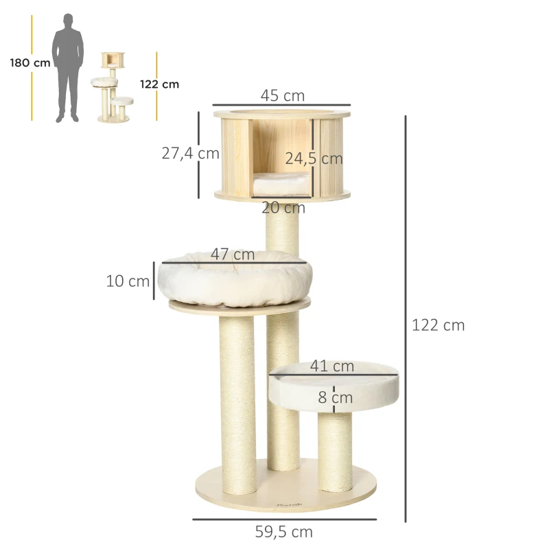 PawHut Kratzbaum Holz 122 cm hoch Katzenturm mit drei Ebenen, Sisalstämme, Plattform, mehrstöckiger Katzenkratzbaum, Kletterbaum für Katzen unter 4,5kg, Natur+Creme
