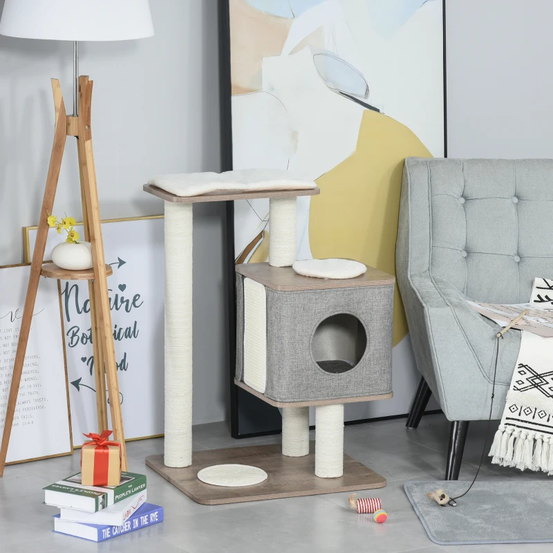 PawHut Kratzbaum mit abziehbarer Abdeckung Katzenhöhle Katzenbaum Kletterbaum für Katzen E1 MDFLeinen Jute Braun+Grau+Weiß 65 x 53 x 87 cm