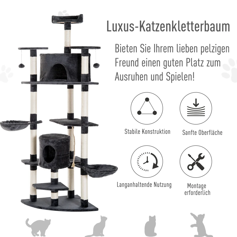 Aosom Kratzbaum mit 2 Hängematten u. 2 Katzenhöhlen inkl. Spielzeug Plüsch Sisalseil Dunkelgrau