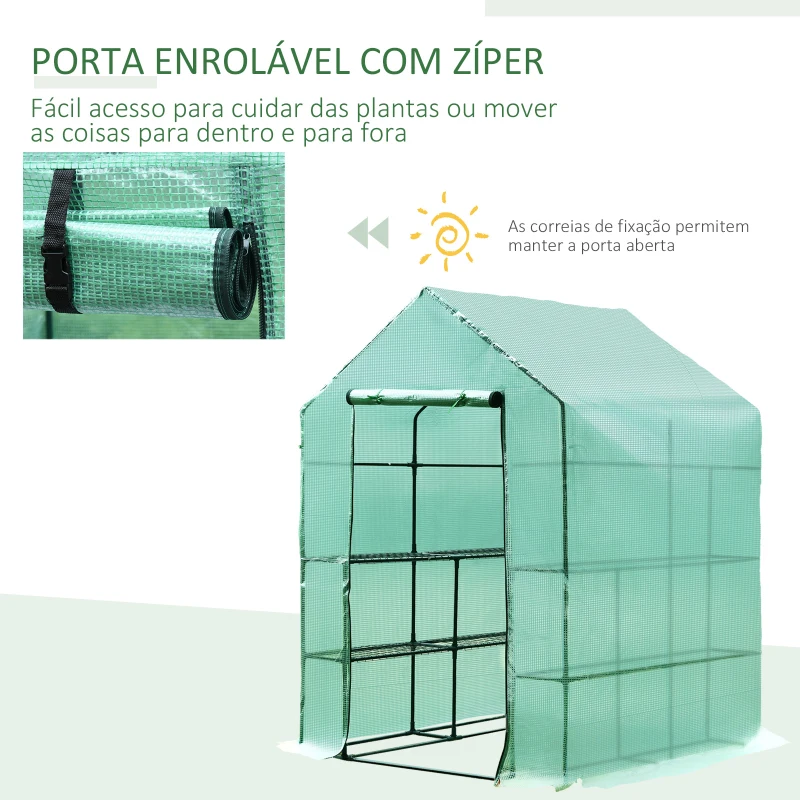 Outsunny Estufa de Jardim Estufa para Plantas com Prateleiras 143x143x195cm Estrutura de Aço Jardinagem Verde
