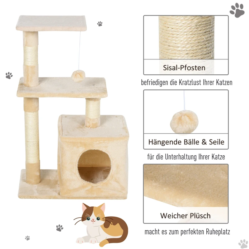 PawHut krabpaal met sisal krabpaal klimboom kattenmeubel krabplank met zacht pluche kattenspeelgoed stabiel E1 klasse spaanplaat beige 50 x 30 x 80 cm