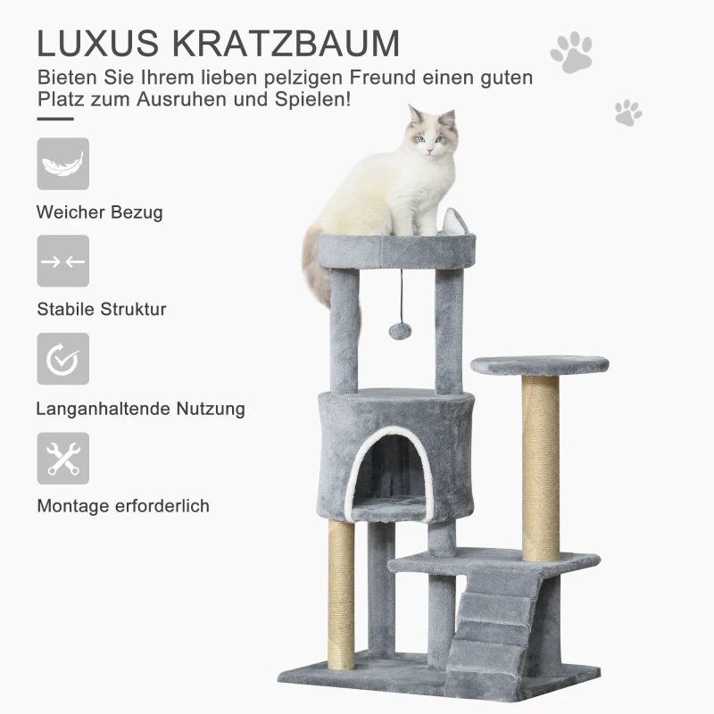 Drapak do ostrzenia pazurów PawHut z jaskinią dla kota i drabinką drapak dla kota wysokość 100 cm drzewko do wspinaczki dla kotów płyta wiórowa juta kolor szary 60 x 40 x 100 cm