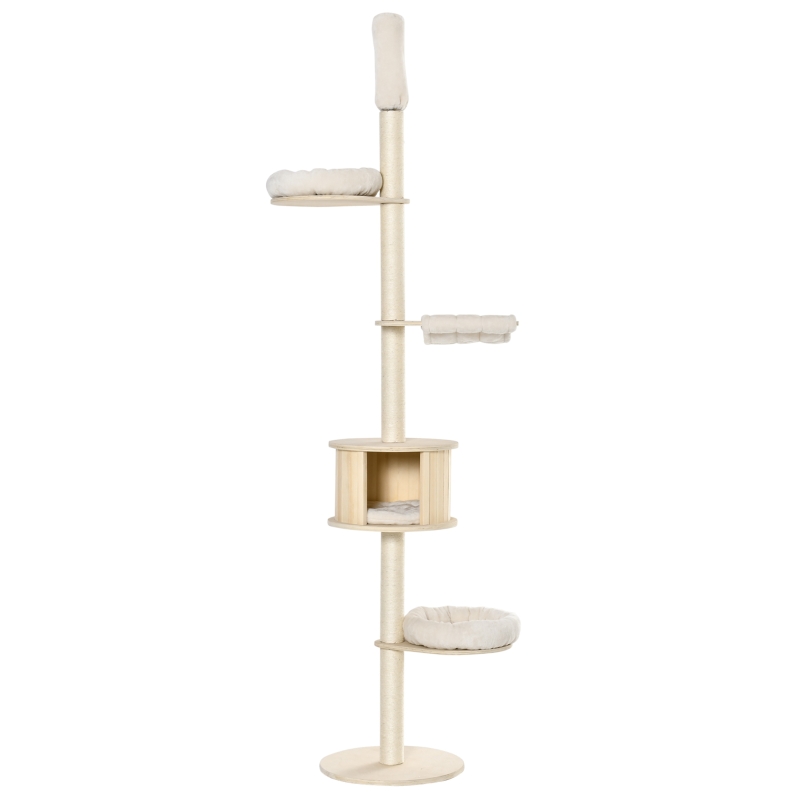 PawHut Kratzbaum Kletterbaum Deckenhoch Katzenbaum mit holz höhenverstellbare Katzenhöhle Sisal Plüsch Creme 50 x 50 x 232-252 cm