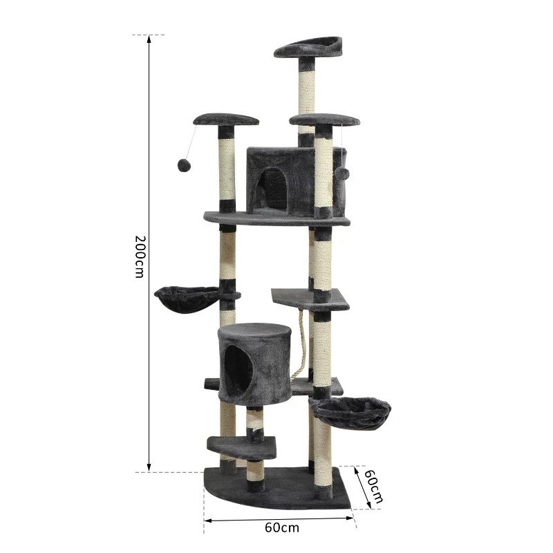 Aosom Kratzbaum mit 2 Hängematten u. 2 Katzenhöhlen inkl. Spielzeug Plüsch Sisalseil Dunkelgrau
