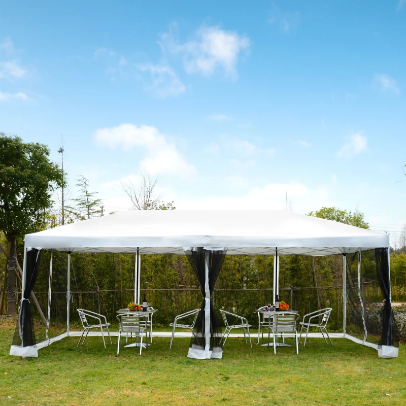 Outsunny Carpa Plegable 6x3 m Cenador para Jardín Gazebo con 6 Cortinas Mosquitera y Cremallera Bolsa de Transporte Impermeable para Exterior Blanco