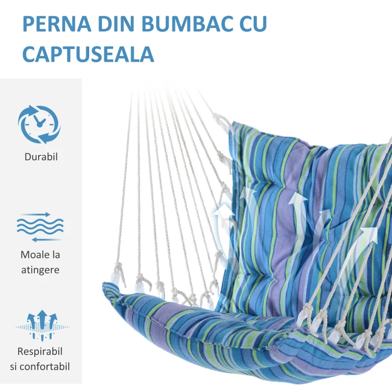 Outsunny Hamac Scaun Suspendat Captusit cu Funii si Schelet din Lemn si Bumbac cu Dungi