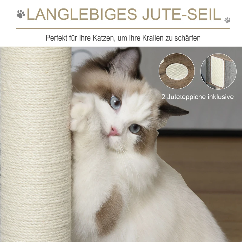 PawHut Kratzbaum mit abziehbarer Abdeckung Katzenhöhle Katzenbaum Kletterbaum für Katzen E1 MDFLeinen Jute Braun+Grau+Weiß 65 x 53 x 87 cm