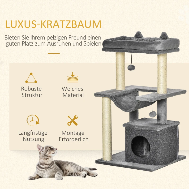 PawHut Cat Tree 90 cm Scratching Tree with Hammock Play Tree Cat Cave Platforms Climbing Tree Cat Scratching Post Activity Scratching Tree Plush Sisal Gray