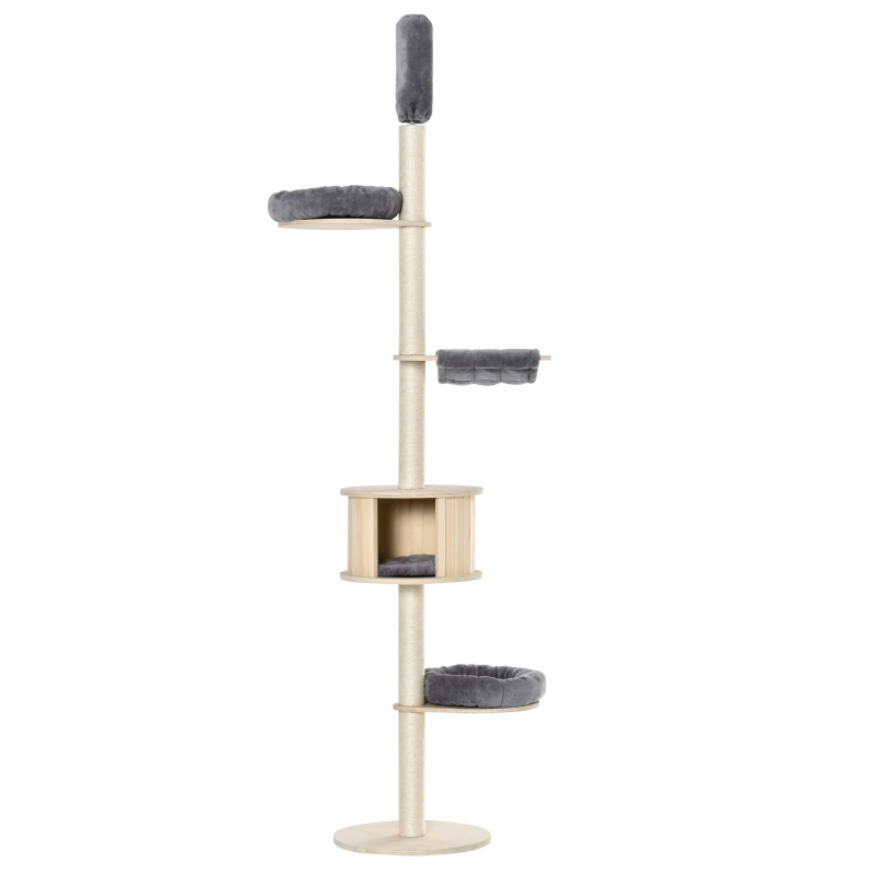 PawHut Kratzbaum Katzenbaum Deckenhoch Kletterbaum mit holz Katzenhöhle Sisal Plüsch höhenverstellbar Grau 50 x 50 x 232-252 cm