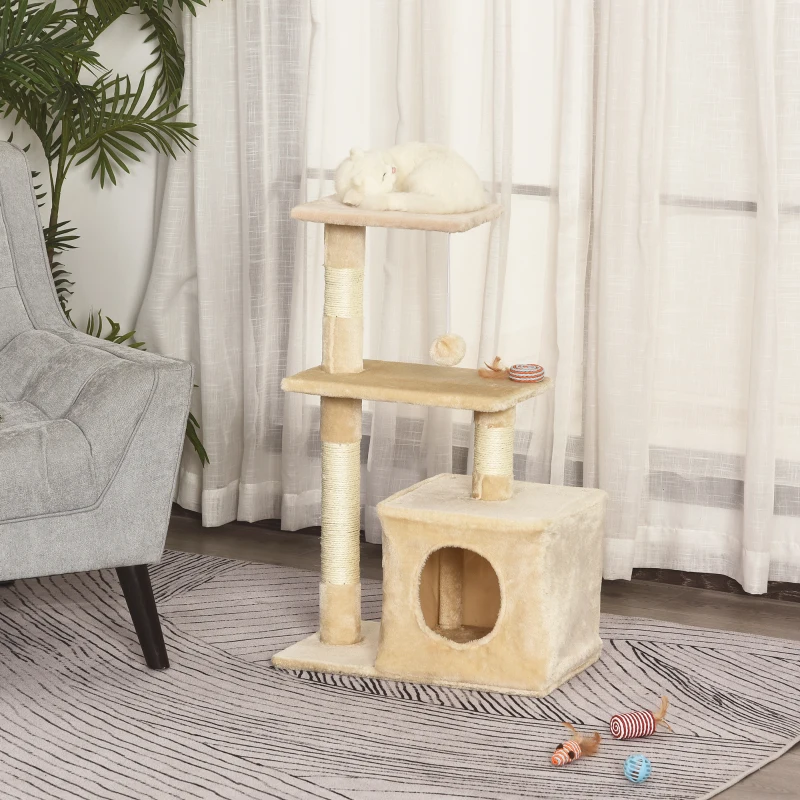 PawHut krabpaal met sisal krabpaal klimboom kattenmeubel krabplank met zacht pluche kattenspeelgoed stabiel E1 klasse spaanplaat beige 50 x 30 x 80 cm