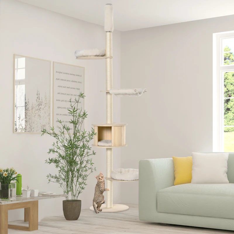 PawHut Kratzbaum Kletterbaum Deckenhoch Katzenbaum mit holz höhenverstellbare Katzenhöhle Sisal Plüsch Creme 50 x 50 x 232-252 cm