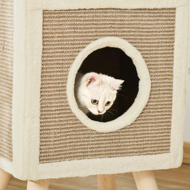 PawHut Cat Tree Cat Cave Cat Scratching Post with Scratch Board Play Balls Cat Bed Scratching Mat Multi-level Chipboard Plush Sisal Coffee 40 x 34 x 91 cm