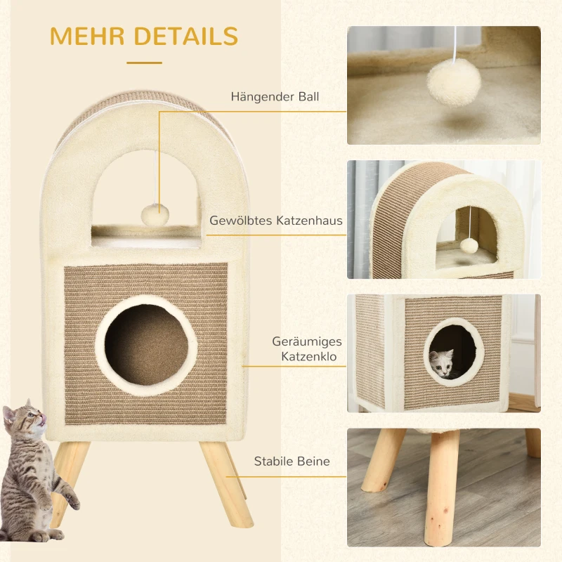 PawHut Cat Tree Cat Cave Cat Scratching Post with Scratch Board Play Balls Cat Bed Scratching Mat Multi-level Chipboard Plush Sisal Coffee 40 x 34 x 91 cm