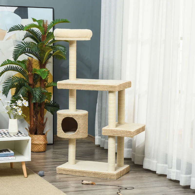 PawHut Katzenkratzbaum Katzenspielzeug Kletterbaum Sisal Polster Liegefläche Sisal samtartiges Polyester Beige+Kaffee 60 x 40 x 135 cm